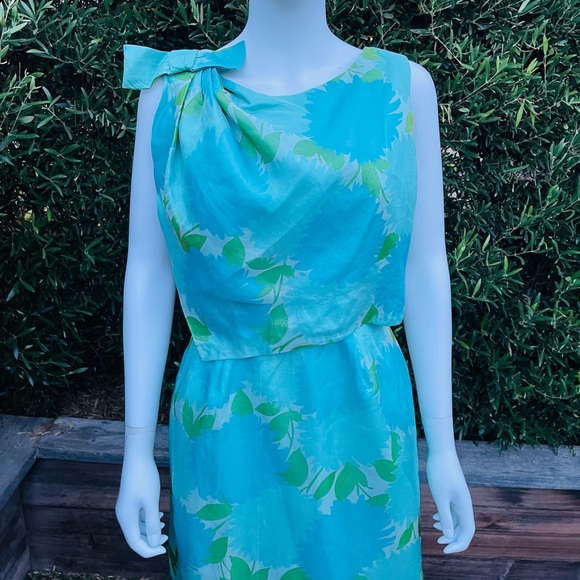 Vintage Blue Green Dress With Shoulder Bow - Picture 2 of 11